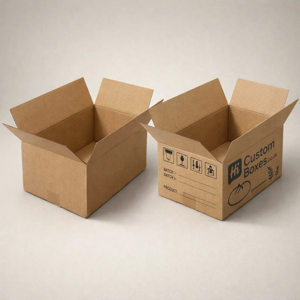 Open brown corrugated cardboard loaf boxes with printed handling icons and bakery branding for wholesale use. class=